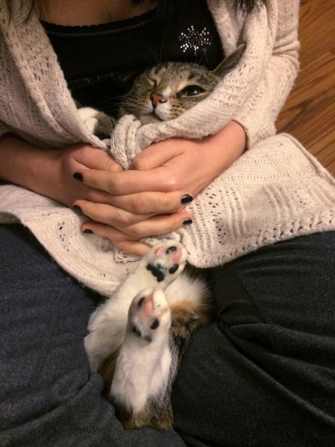 Luna wrapped in sweater with eye squinting