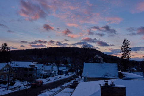 winter in binghamton with pink and blue skies